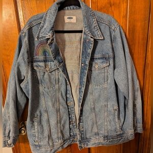 Old Navy 2X Plus Medium Wash Demin Jacket with Rainbow Stitch Detail